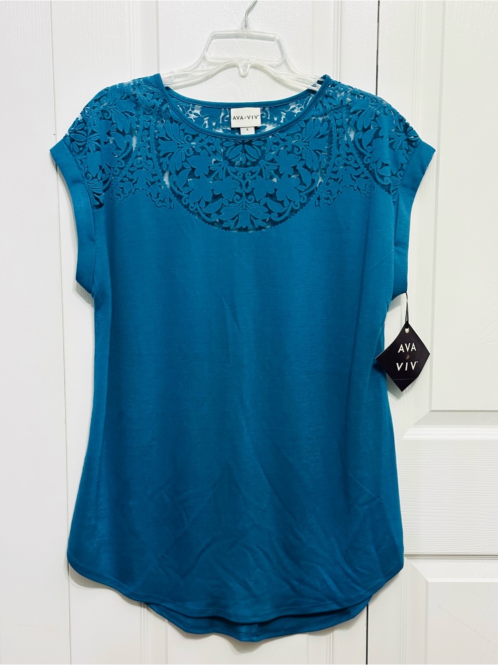 Ava & Viv Women’s Teal Blue Floral Lace Mesh Yoke Short Sleeve Top Size X NWT
